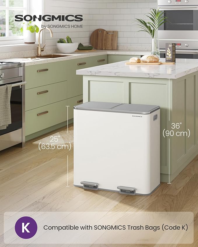 SONGMICS Trash Can, 2 x 10.6 Gallon (2 x 40 L) Garbage Can for Kitchen, with 15 Trash Bags, 2 Compartments, Plastic Inner Buckets and Hinged Lids, Airtight, White and Gray ULTB730W80
