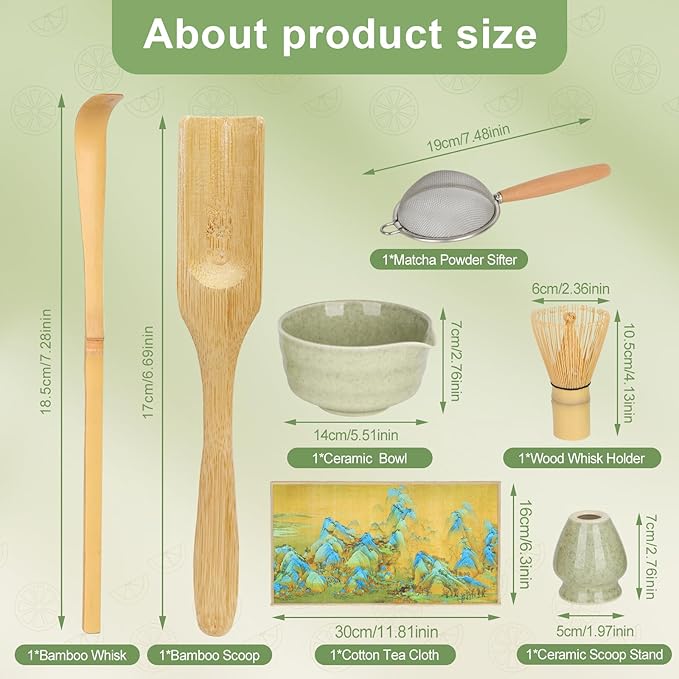 7 Pcs Matcha Whisk Set Kit, Includes Bowl, Bamboo Whisk and Holder, Bamboo Scoop, Scoop, Sifter and Tea Towel