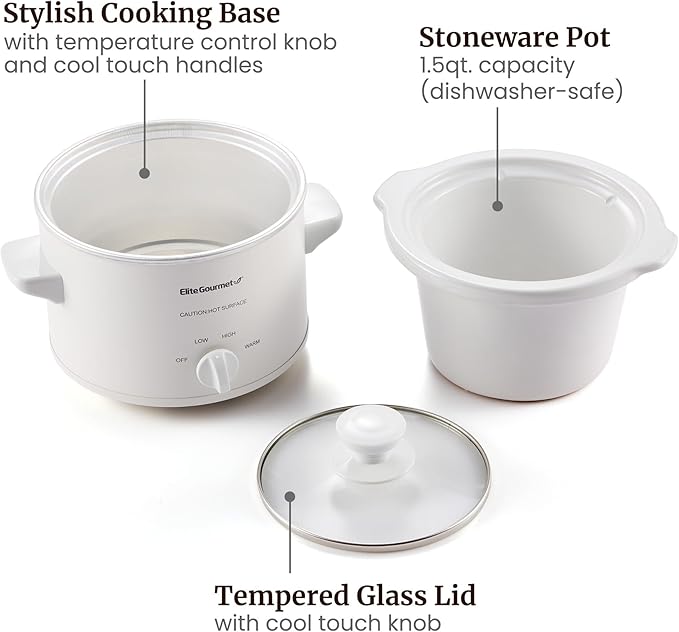 Elite Gourmet MST-250XW# Electric Slow Cooker Ceramic Pot, with Adjustable Temp, Entrees, Sauces, Soups, Roasts, Stews & Dips, Dishwasher Safe (1.5 Quart, White)
