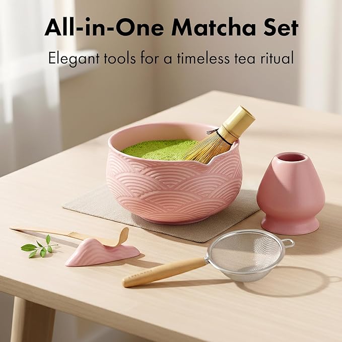 Matcha Kit Whisk Set (7 Pcs) - Complete Matcha Set, Matcha Bowl with Spout, Whisk with Holder, Bamboo Scoop with Rest and Sifter, Perfect Kit for Matcha Lovers (Sakura Pink)