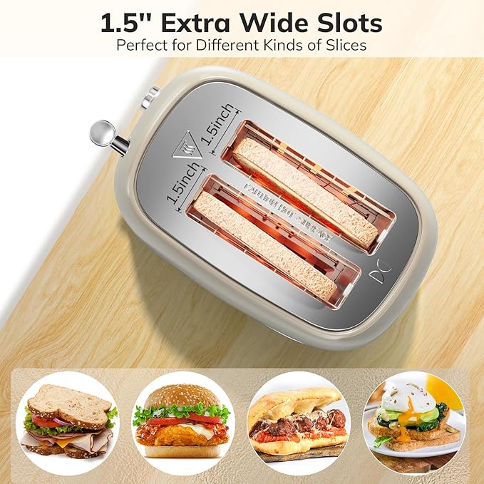 2 Slice Stainless Steel Toaster Retro with 6 Bread Shade Settings, Bagel, Cancel, Defrost Function, 2 Slice Toaster with Extra Wide Slot, Removable Crumb Tray, Tauge
