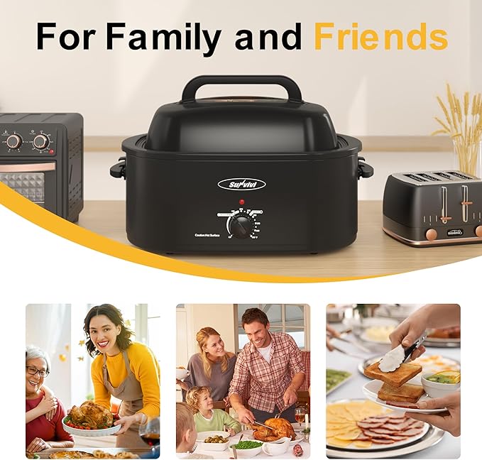 Roaster Oven, Electric Roaster Oven with Viewing Lid, Large Roaster with Removable Pan & Rack, Turkey Roaster with Unique Defrost/Warm Function, Stainless Steel, Black, 24QT