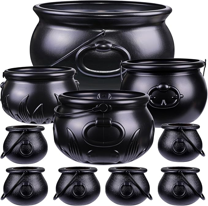 DIYDEC 10 in 1 (12.8", 9.8", 7.6", 5.7", 2.7") Package Halloween Large Cauldron, Black Plastic Witch Cauldron Kettle Candy Holder for Halloween & St. Patrick’s Day Party Favors Decor