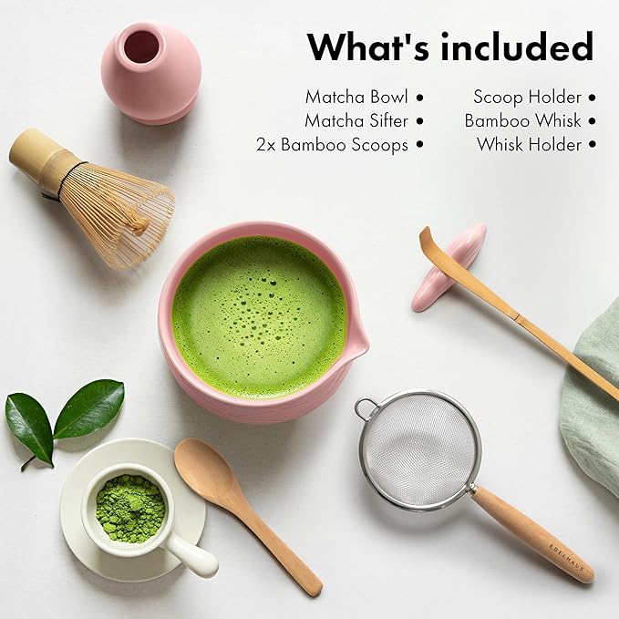 Matcha Kit Whisk Set (7 Pcs) - Complete Matcha Set, Matcha Bowl with Spout, Whisk with Holder, Bamboo Scoop with Rest and Sifter, Perfect Kit for Matcha Lovers (Sakura Pink)