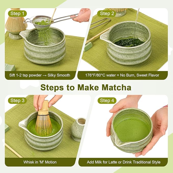 Matcha Whisk Set, 7Pcs Matcha Set - 18oz Matcha Bowl with Spout, Bamboo Matcha whisk & Ceramic Holder, Sifter/Scoop/Stand/Towel, Matcha Kit for Tea Lovers, Ideal Gift Set (Speckled green)