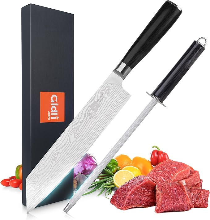 Gidli 8 Inch Chef Knife with Knife Sharpener Carbon Stainless Steel, Ultra Sharp, Ergonomic Wooden Handle, Gift Box – Kitchen Blade Set