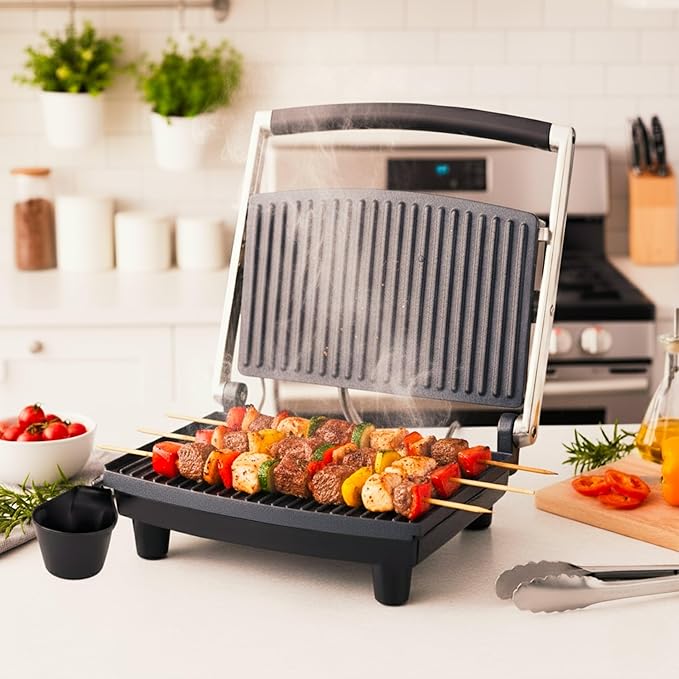 Panini Press Gourmet Grilled Cheese and Sandwich Maker - Electric Indoor Grill with Drip Tray for Healthy Cooking Options by Chef Buddy (Silver)