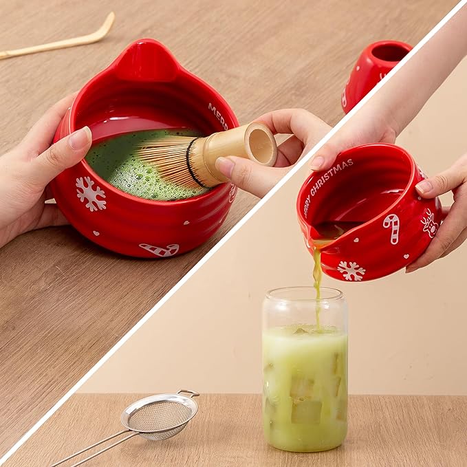 5pcs Premium Matcha Set,Ceramic Bowl with Spout and Bamboo Whisk set, Ceremonical Matcha Kit for breakfast/latte,Tea Starter Making Kit,Unique Matcha Gift set (Reindeer Red)