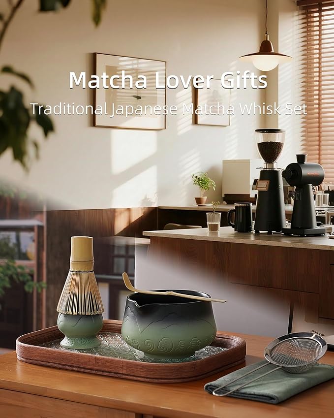 ZENS Matcha Whisk Set, 15oz Matcha Set with Bowl and Bamboo Whisk, Sifter, Scoop, (Chasen Holder) -Tea Towel, 6pcs Matcha Kit Chawan for Matcha-Making, Sage Green
