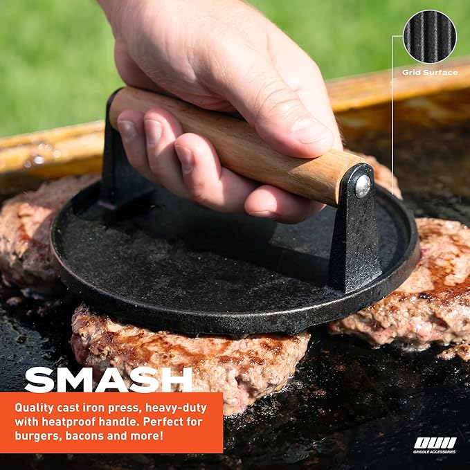 Flat Top Griddle Accessories Set for Blackstone and Camp Chef Griddle - Round Cast Iron Burger Bacon Press with 12 Inch Heavy Duty Round Basting Cover Melting Dome Lid & Basting Brush