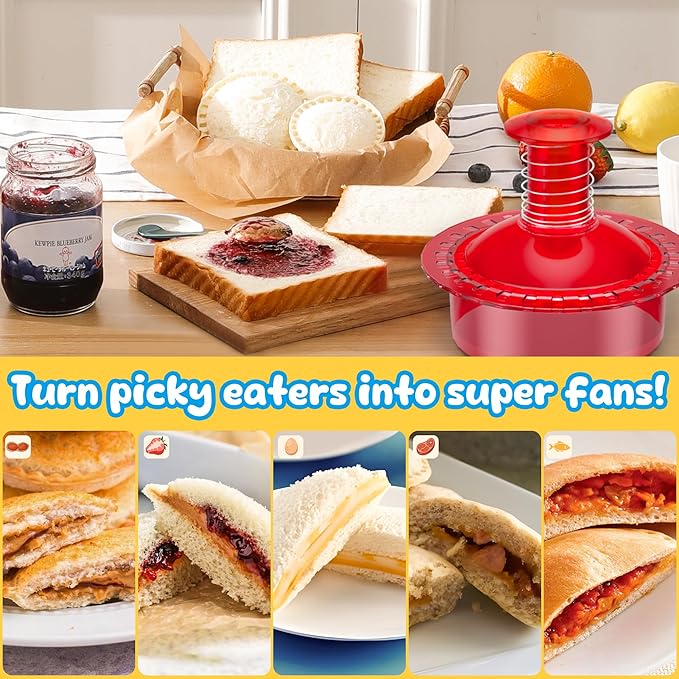 Sandwich Cutter and Sealer Cut and Seal Sandwich Maker, Crustless Peanut Butter & Jelly Sandwich Cookie Cutter (Translucent Red Round)
