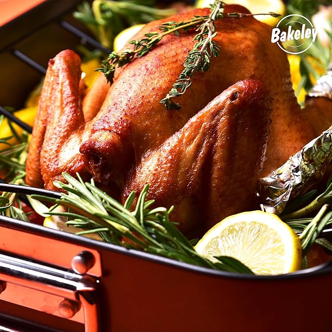 Roasting Pan, Nonstick Roaster Pan with Rack, Turkey Roasting Pan with V Rack, 17 Inch x 13 Inch, Black