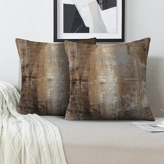 Taupe Abstract Art Artwork Pillow Cover, Gallery Modern Decorative Throw Pillows Cushion Cover for Bedroom Sofa Living Room 18 x 18 Inch Set of 2