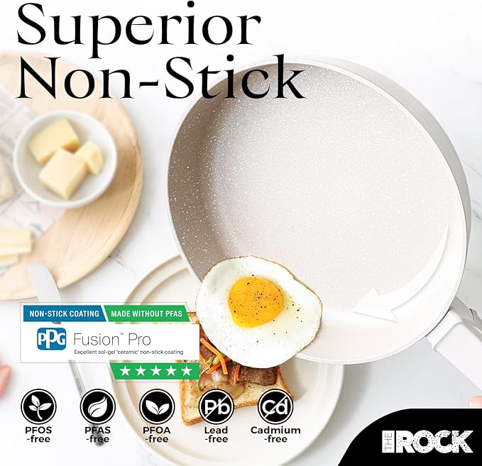 THE ROCK SOHO 8-Inch Non Stick Frying Pan with Lid–Nothing Sticks, Never Warps, Lasts Longer, Ceramic Non Toxic Skillet with Heat-Resistant Handle, PTFE PFOA & PFAS Free, Oven & Dishwasher Safe, Cream