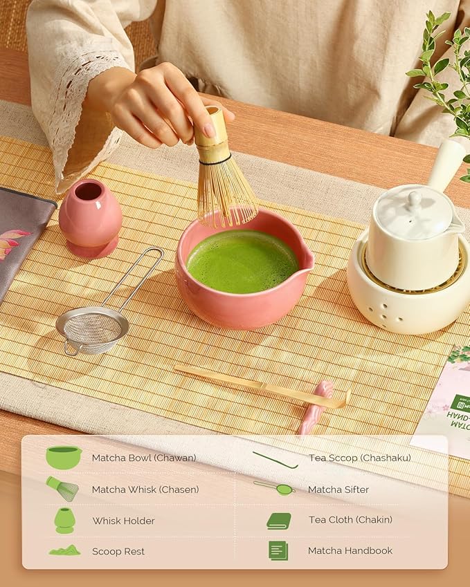 Maestri House Matcha Whisk Set, 7 Pcs Ceramic Matcha Kit with Spouted Bowl, Matcha Whisk & Holder, Bamboo Scoop, Scoop Rest, Sifter & Cloth – Complete Matcha Gift Set for Beginners & Tea Lovers(Pink)
