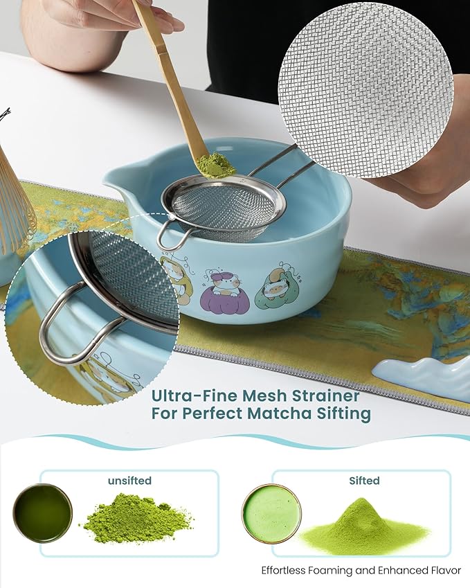 Matcha Whisk Set 7 Pcs Ceramic Matcha Kit with Bowl,Bamboo Whisk & Holder,Scoop,Rest,Stainless Steel Sifter,Tea Towel–Traditional Japanese Tea Ceremony Tools Set(Blue)