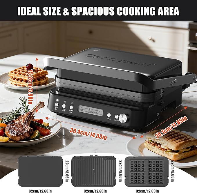 CATTLEMAN Panini Grill Press Sandwich Maker with Removable Plates, 6 in 1 Indoor Grill & Electric Griddle with Meat Thermometer, PFAS Free Ceramic Nonstick Reversible Plates, Opens Flat, 1600W