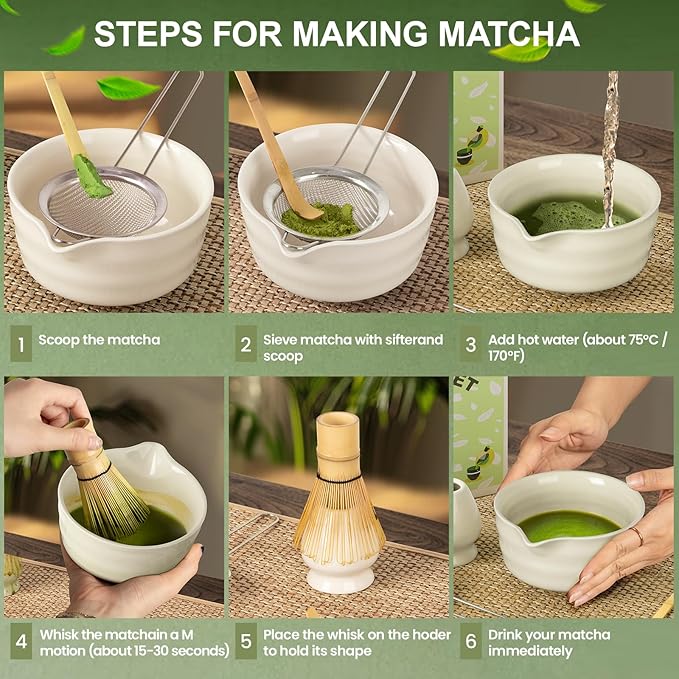 Matcha Set,5 Pcs Matcha Whisk Set Includes Bowl with Spout, Whisk,Holder,Bamboo Scoop and Sifter- Matcha Kit for Making Breakfast/Latte,Gift for Lovers（White）