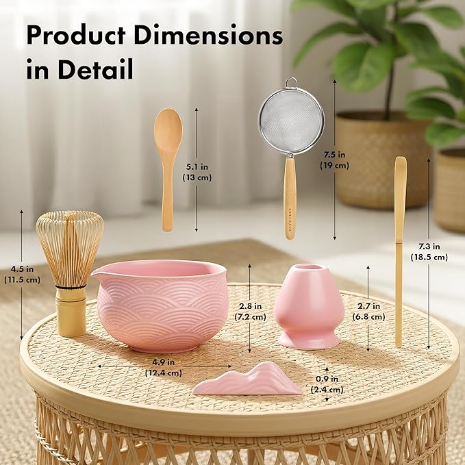 Matcha Kit Whisk Set (7 Pcs) - Complete Matcha Set, Matcha Bowl with Spout, Whisk with Holder, Bamboo Scoop with Rest and Sifter, Perfect Kit for Matcha Lovers (Sakura Pink)