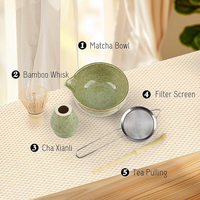Japanese Matcha Whisk Set, 5-Piece Traditional Chasen & Chawan Bowl Kit with Bamboo Whisk, Scoop, Strainer, Complete Ceramic Set for Matcha Making at Home