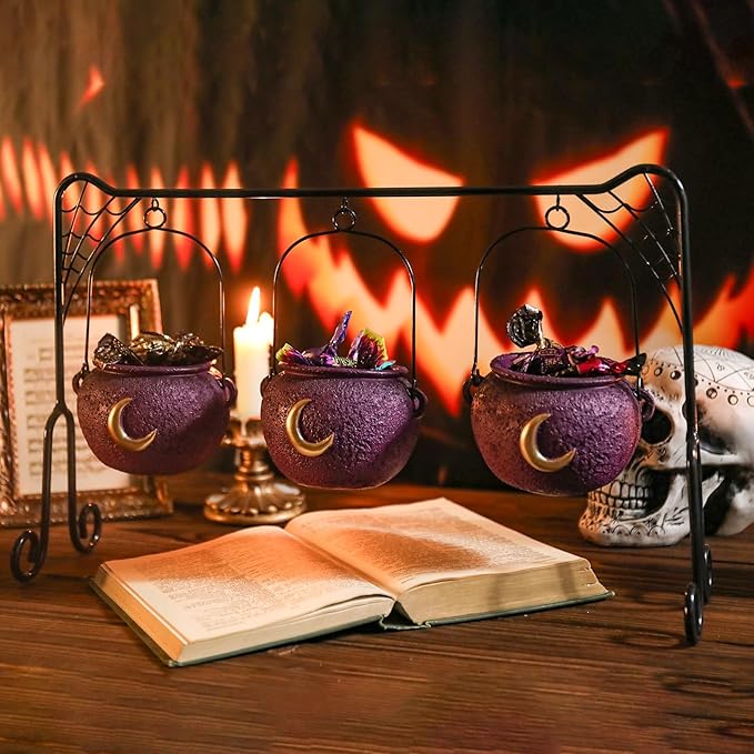 Halloween Decor Halloween Party Decorations Set of 3 Witches Cauldron Serving Bowls on Rack Black Resin Cauldron for Indoor Home Kitchen Decoration Purple Moon