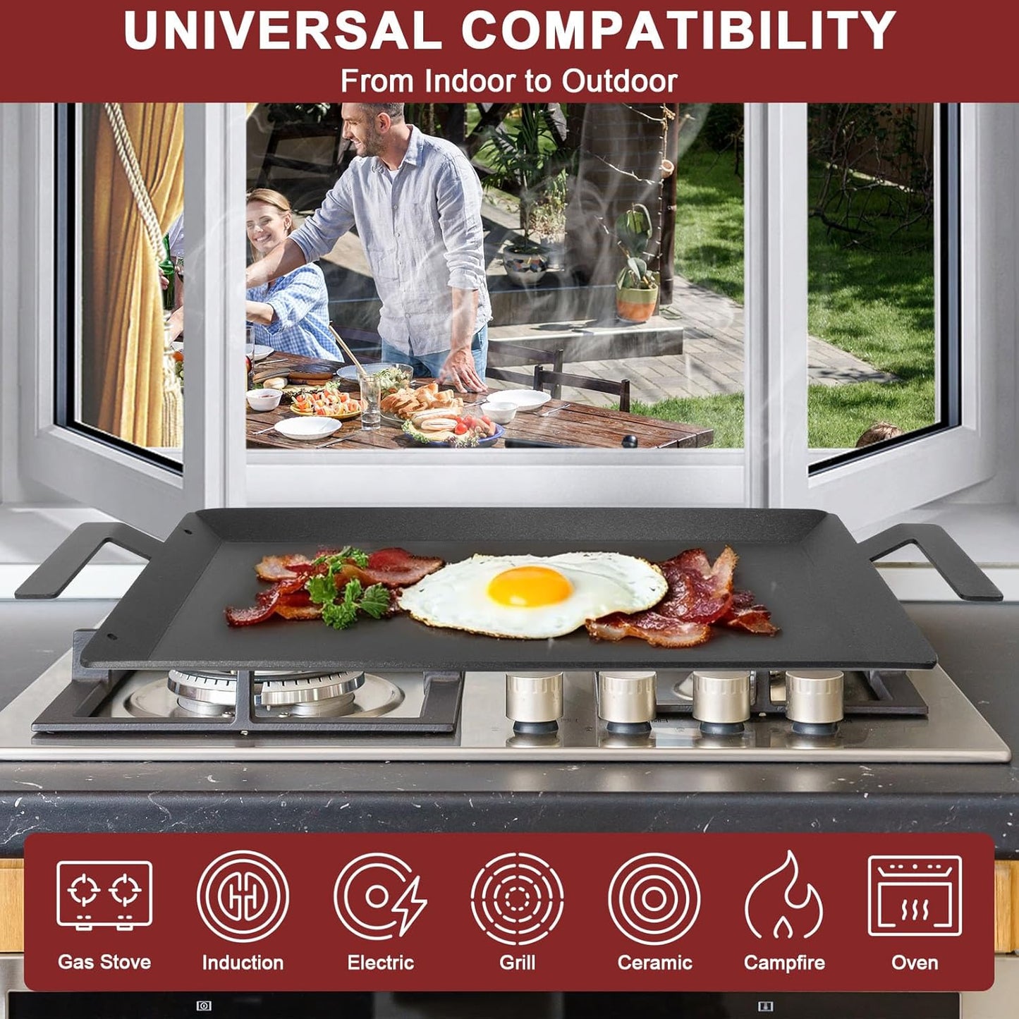 Carbon Steel Griddle - Professional Cookware Griddle Pan for Induction, Stove Top, Gas Grill, Cooktop, Electric and more, 24" x 10" NonStick Flat Top Griddle Plate Skillet, Indoor/Outdoor Use