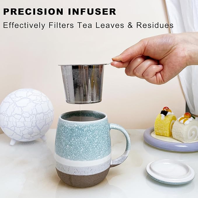 13.5oz Tea Cup with Infuser and Lid, Porcelain Loose Leaf Tea Steeper Cup, Blue Teacups Gifts for Drinker, Men, Women, Home, Office