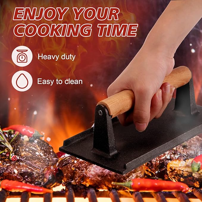 3 Pcs Cast Iron Grill Press 8 x 4 Inch Bacon, Burger and Sandwich Press for Griddle Grill 2.2 Lbs Cooking Weight