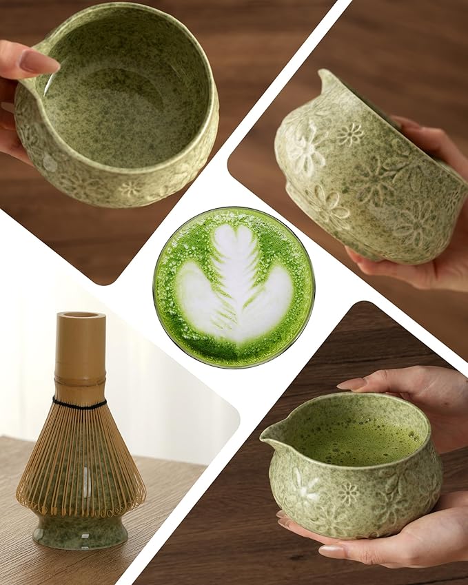 Matcha Whisk Set 7 Piece Ceramic Matcha Kit,18 oz Matcha Bowl with Bamboo Whisk & Holder, Bamboo Scoop, Scoop Rest, Sifter and Tea Towel, Complete Matcha Set for Beginners and Tea Lovers(Green)