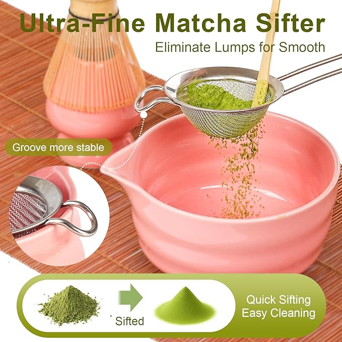 Matcha Whisk Set - 5Pcs Japanese Tea Set Includes Ceramic Matcha Bowl with Spout, Bamboo Whisk with Holder, Scoop and Sifter, Essential Matcha Kit for Tea Ceremony, Gift for Beginners (Pink)