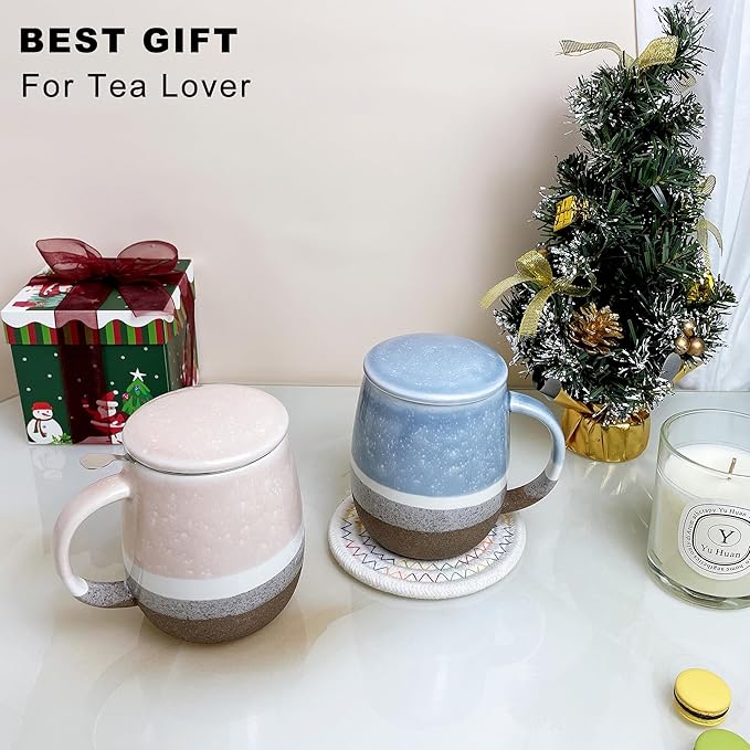 13.5 OZ Reactive Glaze Tea Cup with Infuser and Lid, Porcelain Tea Infuser Mug, Single Brewing Teacups for Loose Leaf, Microwave & Dishwasher Safe, Pale Blue