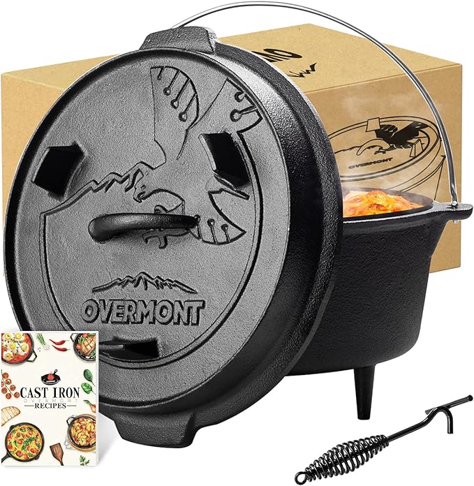 Overmont Camp Dutch Oven Pre Seasoned Cast Iron Lid Also a Skillet Casserole Pot with Lid Lifter for Camping Cooking BBQ Baking 6QT(Pot+Lid)