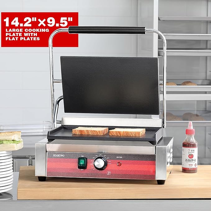 Commercial Electric Panini Grill with Flat Plates Stainless Steel Sandwich Maker 14"× 9.5" Cast Iron Enamel Plate Countertop Panini Press with Temperature Control for Business 110V 1700W