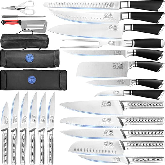 XYJ Kitchen Knife Set with Bag, Sharpening Stick, Gloves, Scissors, Stainless Steel Paring Steak Slicing Carving Santoku Bread Chef Knife Kit, Vegetable Slicer Peeler, Meat Fork, Ergonomic Handle