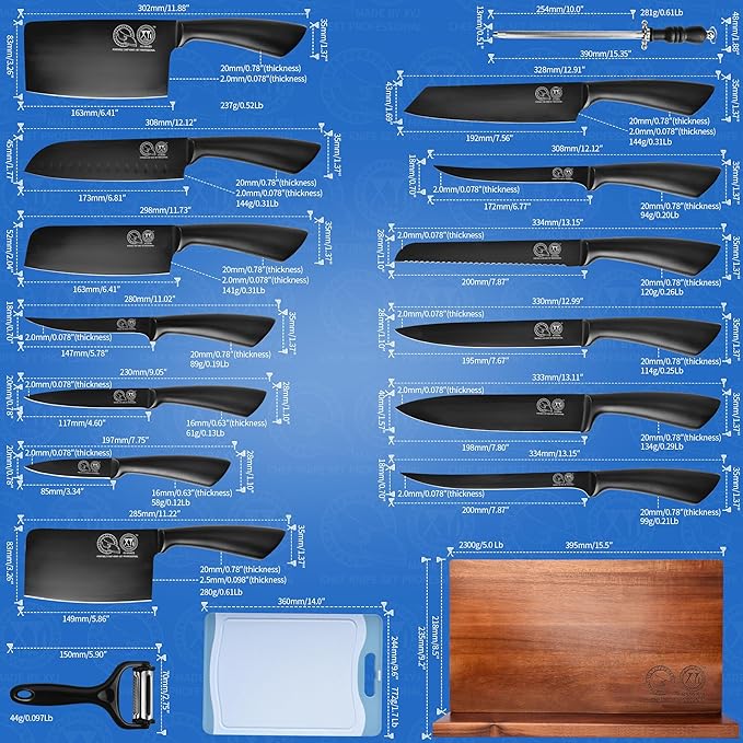 XYJ Professional Knife Sets for Master Chefs,Meat Cleaver Butcher for Camping,Chef Knife Set with Magnetic Knife Block,Bag,Stainless Steel Kitchen Knives Tools Kit