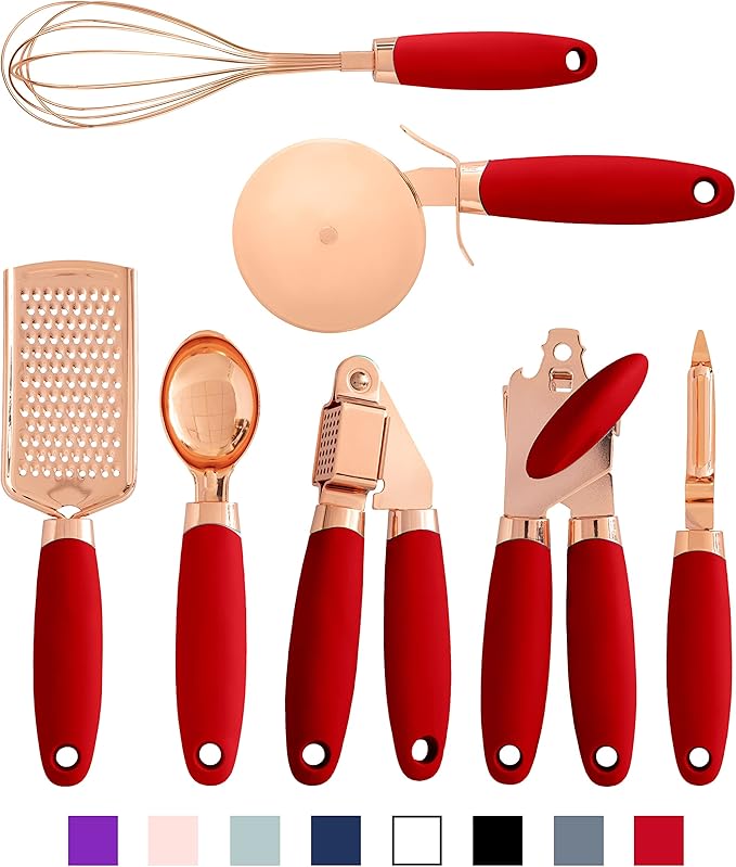 COOK WITH COLOR Kitchen Gadget Set Copper Plated Stainless Steel Utensils with Soft Touch Handles, Copper Red, 7 Pieces