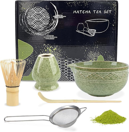Japanese Matcha Whisk Set, 5-Piece Ceramic Chawan Bowl & Bamboo Whisk (Chasen) Kit | Complete Set for Traditional Matcha Making at Home, Ideal Gift for Tea Lovers (Green)