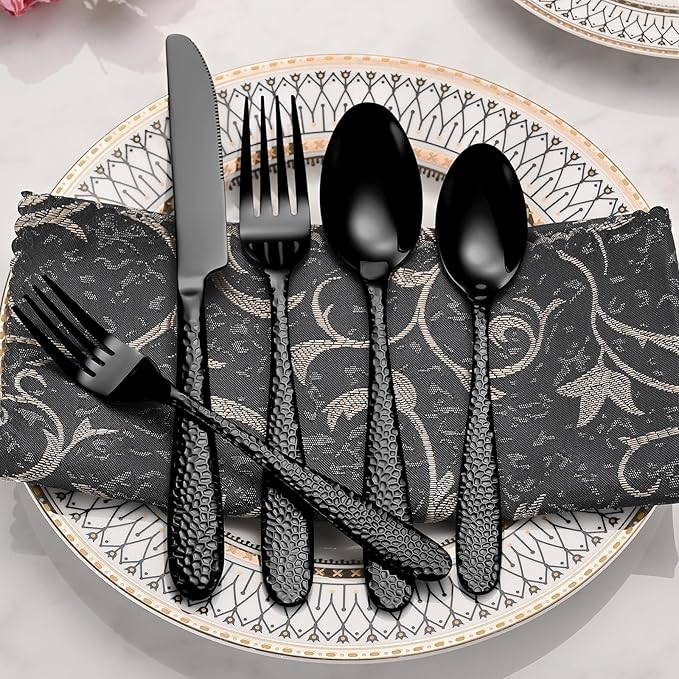 Black Hammered Silverware Set, 40-Piece Heavy Duty Stainless Steel Flatware Sets for 8, Food-Grade Cutlery Set for Home Restaurant, Mirror Polished, Dishwasher Safe