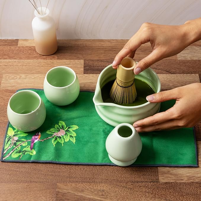 Matcha Whisk Set- Matcha Set includes Matcha Whisk and Bowl (Bowl with Spout), Sifter, Holder and Scoop- The Perfect Bamboo Whisk for Matcha Tea (Green- 7PC)