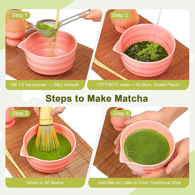 Matcha Whisk Set - 5Pcs Japanese Tea Set Includes Ceramic Matcha Bowl with Spout, Bamboo Whisk with Holder, Scoop and Sifter, Essential Matcha Kit for Tea Ceremony, Gift for Beginners (Pink)