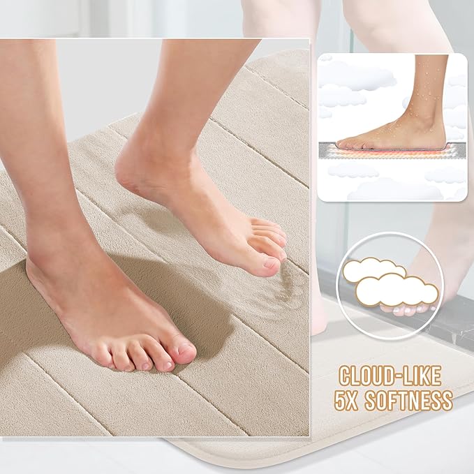 Yimobra Memory Foam Bath Mat, Super Soft Absorbent Bathroom Rug Non Slip 24x17 Inch, Quick Dry, Machine Washable Floor Carpet for Tub Shower, Home Decor Accessories, Beige