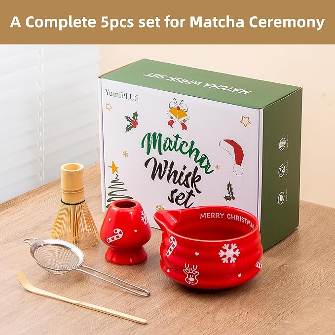 5pcs Premium Matcha Set,Ceramic Bowl with Spout and Bamboo Whisk set, Ceremonical Matcha Kit for breakfast/latte,Tea Starter Making Kit,Unique Matcha Gift set (Reindeer Red)