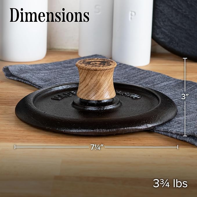 Grill Press and Steak Weight - 7.25” Round Heavy-Duty Cast Iron Burger Press with Wood Handle - Pre-Seasoned Griddle Accessories for Steaks, Burgers, and Bacon - Kitchen Gadgets by Classic Cuisine