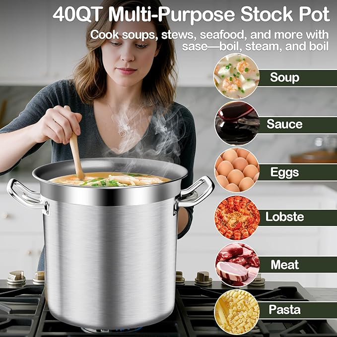 Large Stock Pot-40QT Stainless Steel Stockpot with Lid, Heavy Duty Tri-Ply Bottom Commercial Grade Stock Pot & Stockpots for Boiling Cooking Soup Stew Canning Cooking Pots,Big Stockpot, Deep Cookware