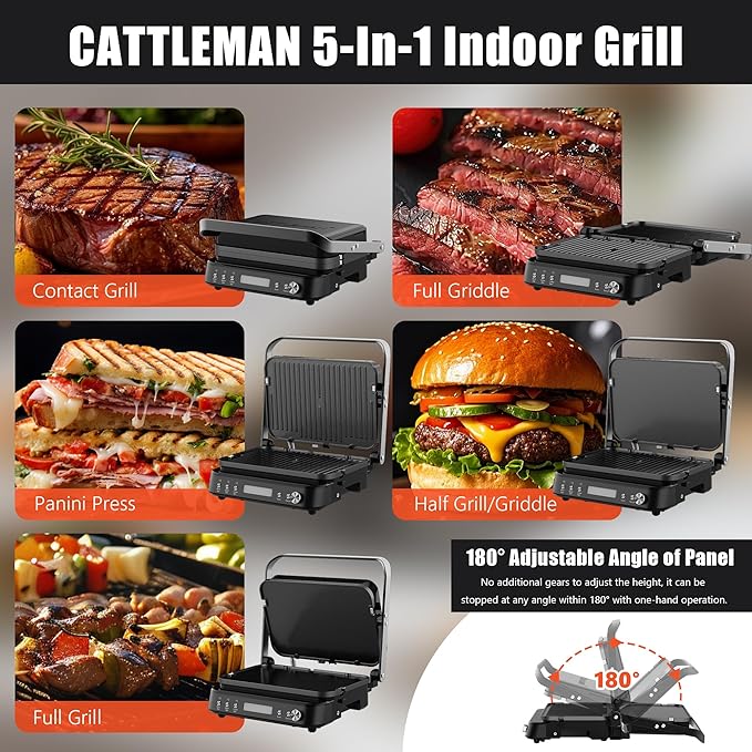 CATTLEMAN Panini Grill Press Sandwich Maker with Removable Plates, 5 in 1 Smokeless Indoor Grill & Griddle with Meat Thermometer, PFAS Free Ceramic Nonstick Reversible Plates, Opens Flat, 1600W