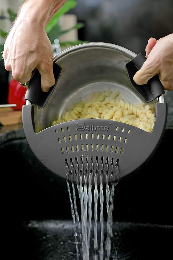 Salbree Silicone Snap Strainer fits the 6qt Instant Pot and Snaps to the 6 quart Instapot Pressure Cooker Inner Pan Small Mitts Set Included, for Straining Vegetable and Ground Beef Grease (black)