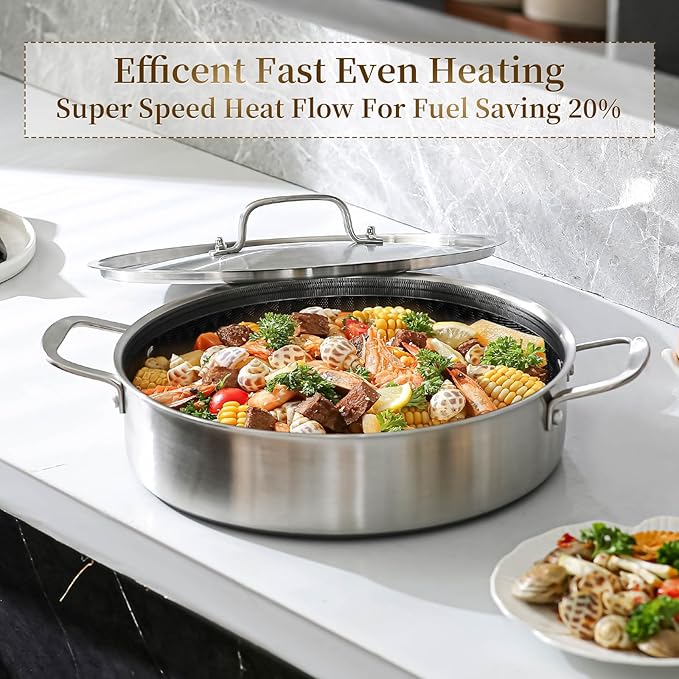 DELARLO 8Quart Tri-Ply Stainless Steel Non Stick Braiser Pan with Lid,13inch Deep Frying Pan,Large Skillet,Jumbo Cooker,Induction Compatible,Heavy Duty and Oven Safe.