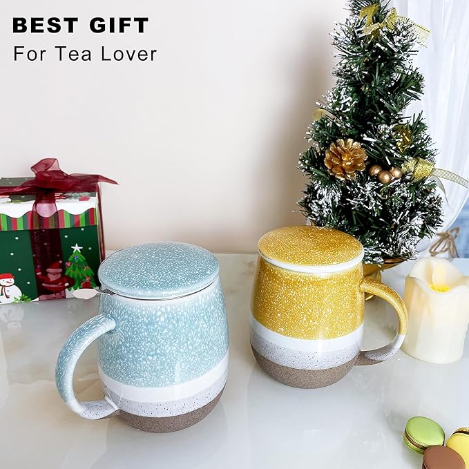 13.5oz Tea Cup with Infuser and Lid, Porcelain Loose Leaf Tea Steeper Cup, Blue Teacups Gifts for Drinker, Men, Women, Home, Office