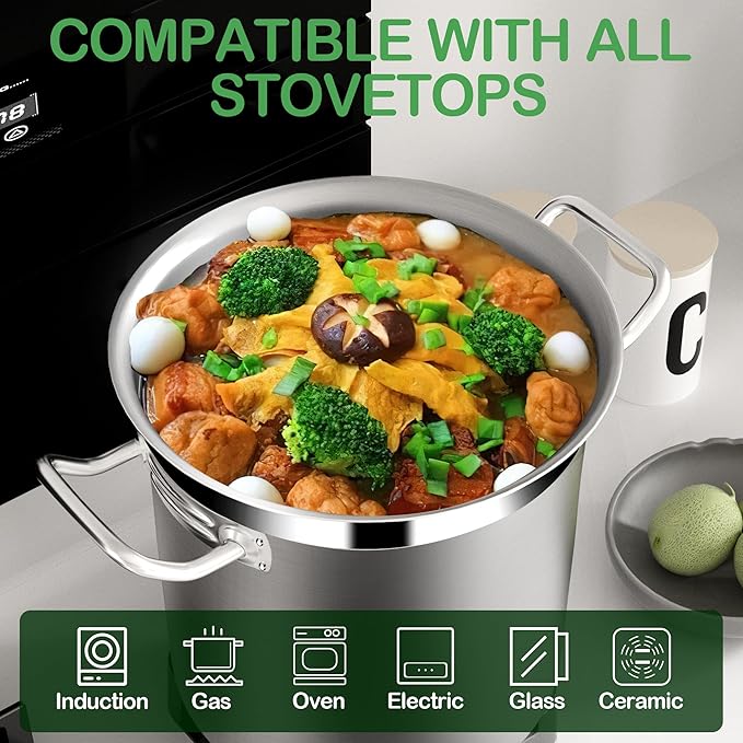 50 Quart Stainless Steel Stock Pot with Lid – Heavy Duty Cooking Pot for Soup, Commercial Soup Pots, 3-Ply Induction Bottom, Oven Safe