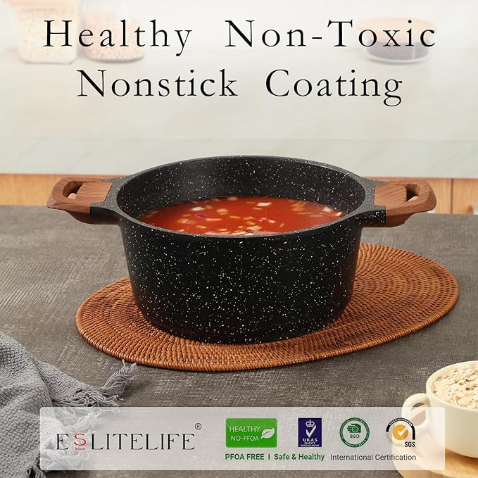 ESLITE LIFE Nonstick Cookware Sets, 12 Pcs Granite Coating Pots and Pans Set Kitchen Cooking Set, Compatible with All Stovetops (Gas, Electric & Induction), PFOA Free, Black
